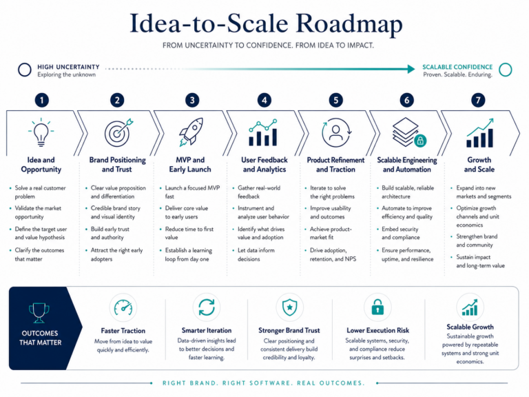 Idea-to-scale roadmap showing how startups move from idea and opportunity through brand positioning, MVP launch, user feedback, product refinement, scalable engineering, and growth.