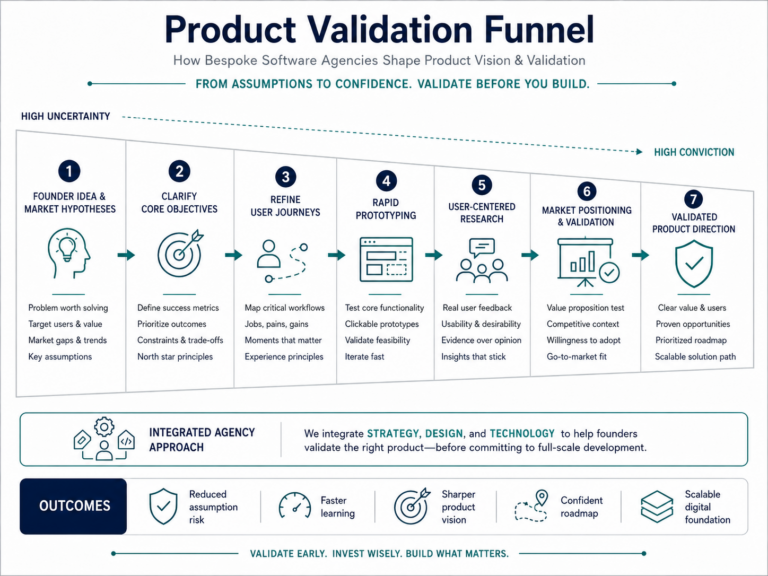 Product validation funnel showing how founders move from market assumptions to validated product direction through objectives, user journeys, prototyping, research, and positioning.
