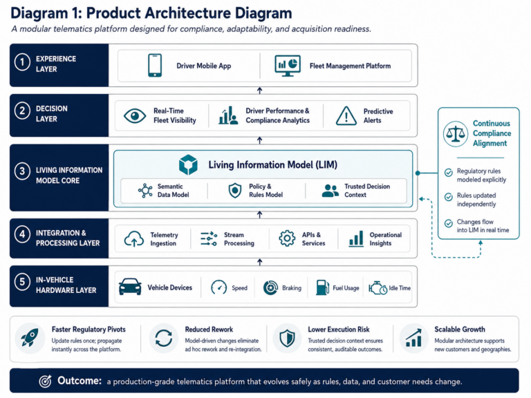 Layered telematics platform architecture showing vehicle devices, data processing, LIM core, decision tools, and user-facing applications.