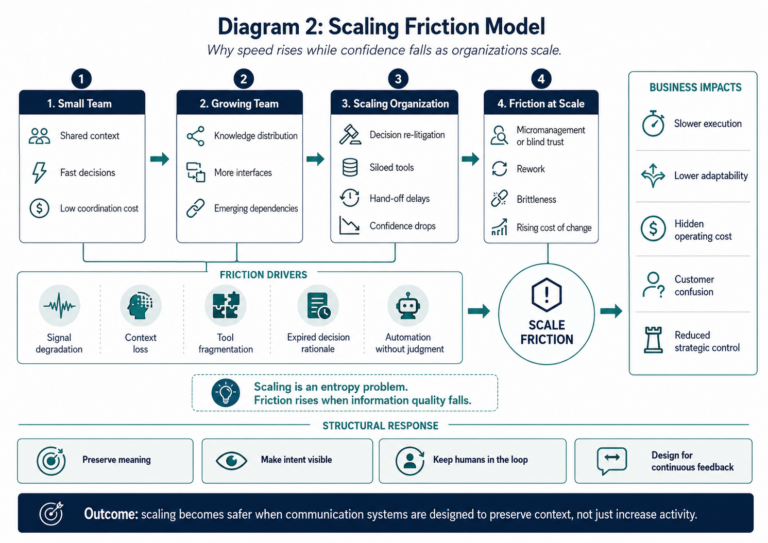 Scaling friction model showing how small teams become growing teams, scaling organizations, and eventually experience friction through siloed tools, rework, brittleness, and lower adaptability.