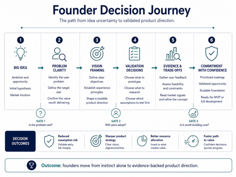 Founder decision journey showing the path from big idea and problem clarity to vision framing, validation decisions, evidence, trade-offs, and confident commitment.