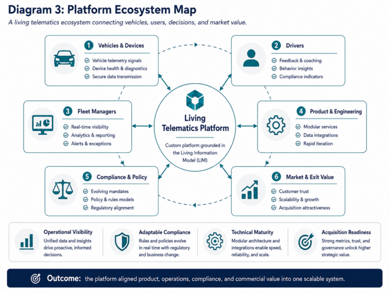 Telematics ecosystem map showing vehicles, drivers, fleet managers, engineering, compliance, and market value connected through a living platform.