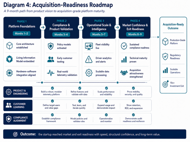 Nine-month acquisition-readiness roadmap showing platform foundations, validation, operational scale, and exit readiness for a telematics startup.