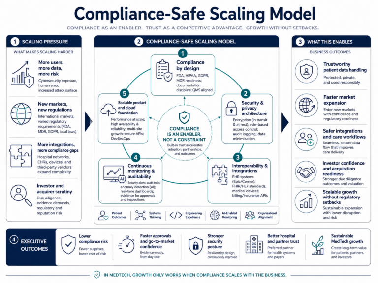 Compliance-safe scaling model showing how MedTech startups address more users, patient data, regulations, integrations, investor scrutiny, and cybersecurity risk through compliance by design, privacy architecture, interoperability, monitoring, and scalable cloud foundations.