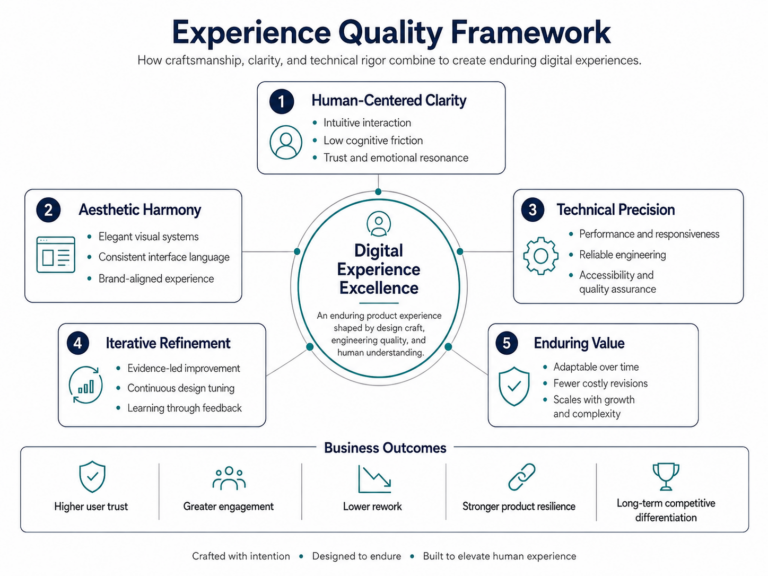 Experience quality framework showing digital experience excellence at the center, supported by human-centered clarity, aesthetic harmony, technical precision, iterative refinement, and enduring value to create higher user trust, greater engagement, lower rework, stronger product resilience, and long-term competitive differentiation.