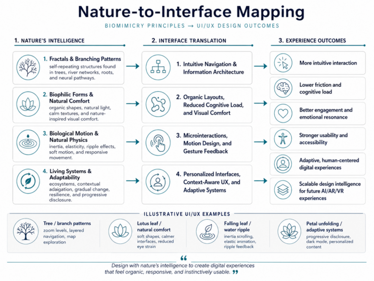 Nature-to-interface mapping diagram showing how biomimicry principles such as fractal patterns, biophilic forms, natural motion, and adaptive living systems translate into UI/UX design outcomes like intuitive navigation, lower cognitive load, microinteractions, personalized interfaces, and scalable design intelligence.