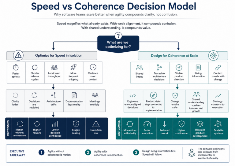 Speed versus coherence decision model showing how optimizing for speed in isolation leads to fading clarity, revisited decisions, architecture drift, rework, fragile scaling, and execution risk, while designing for coherence creates shared intent, traceable architecture decisions, visible product direction, living information, safer change, and scalable systems.