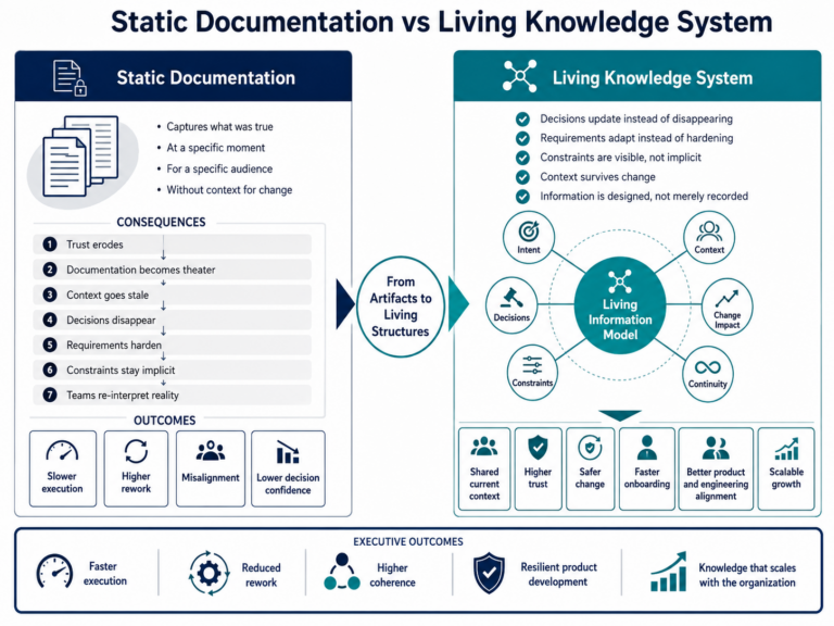 Comparison diagram showing static documentation leading to stale context, lost decisions, hardened requirements, and misalignment, while a living knowledge system preserves intent, decisions, constraints, context, continuity, and change impact.