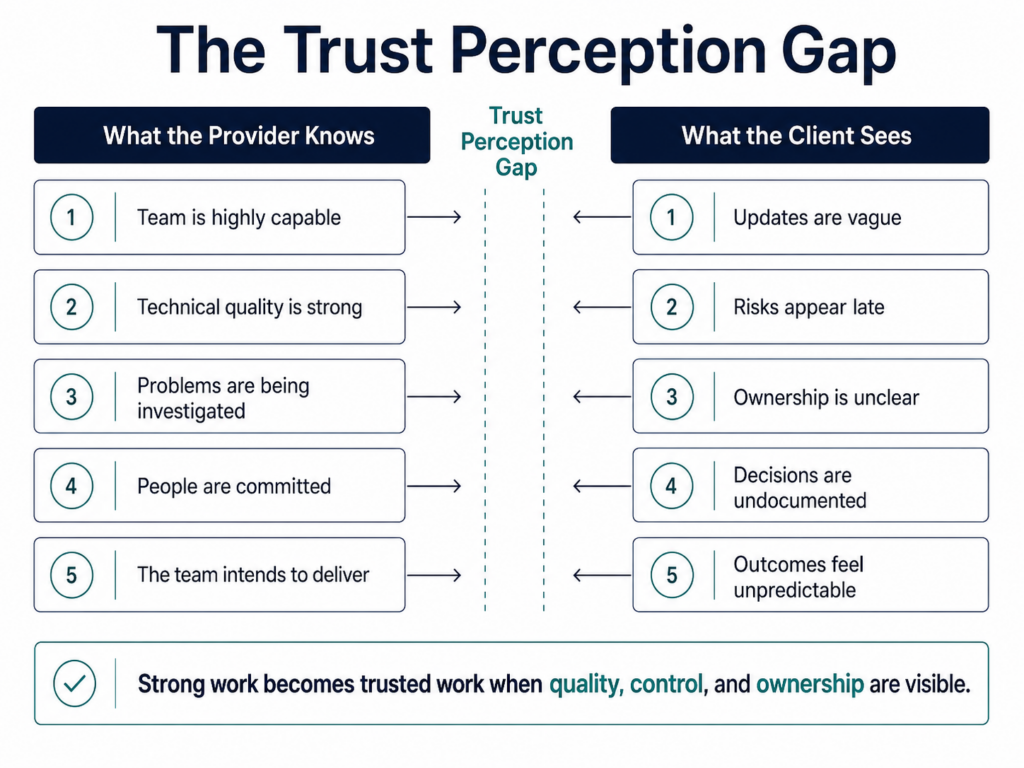 Comparison diagram showing the gap between what a service provider knows internally and what a client perceives. Provider strengths such as capability, technical quality, commitment, and intent to deliver are contrasted with client concerns including vague updates, late risks, unclear ownership, undocumented decisions, and unpredictable outcomes.