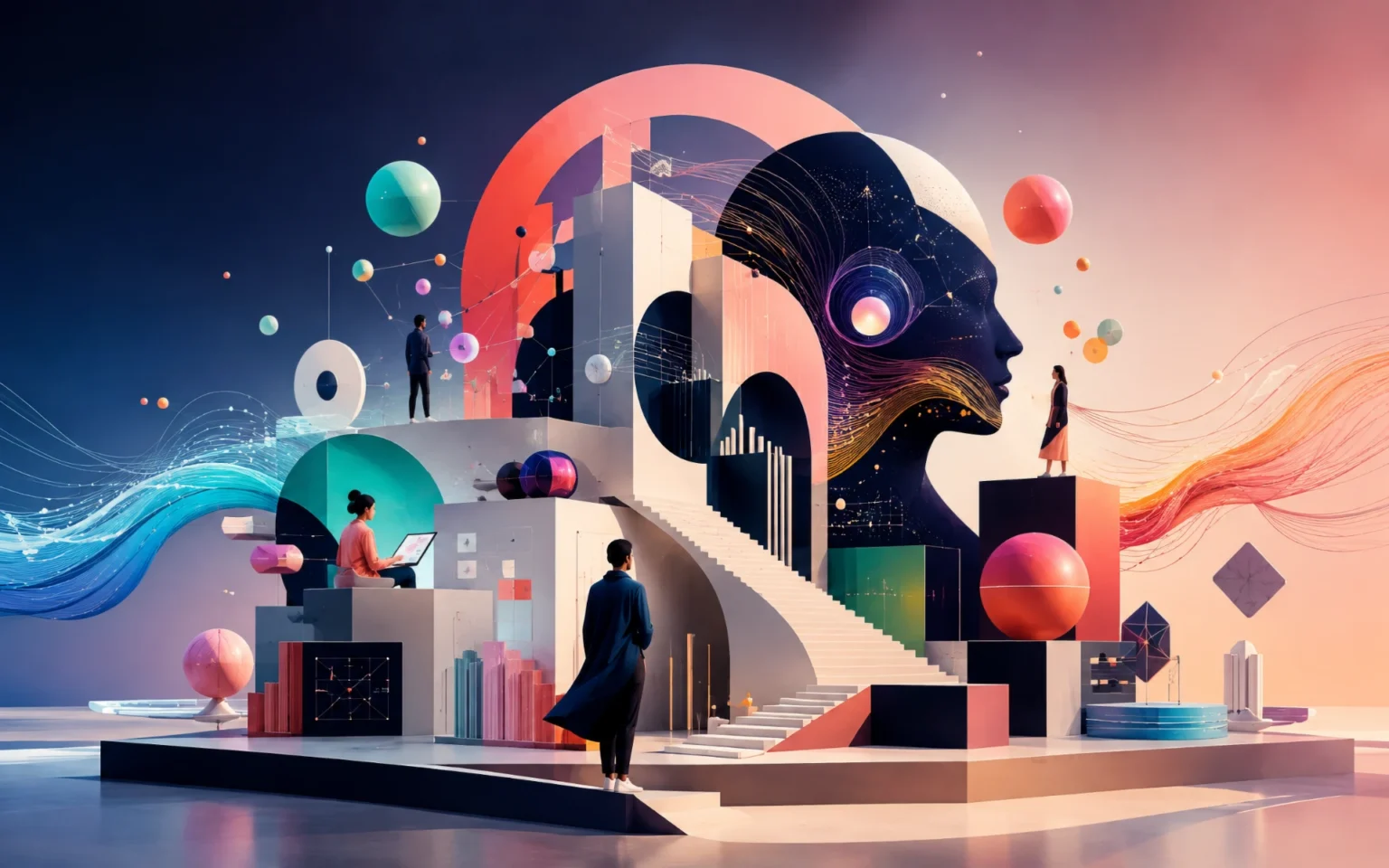 Surreal conceptual illustration representing human creativity, software engineering, AI systems and interconnected enterprise intelligence.