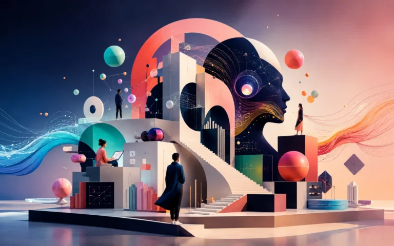 Surreal conceptual illustration representing human creativity, software engineering, AI systems and interconnected enterprise intelligence.