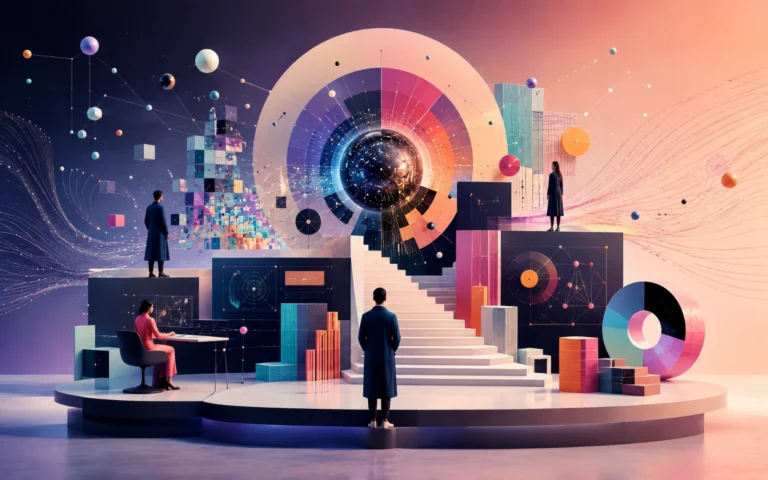 Conceptual digital landscape with interconnected data streams, analytical interfaces, structured information, and people examining a central intelligence hub.