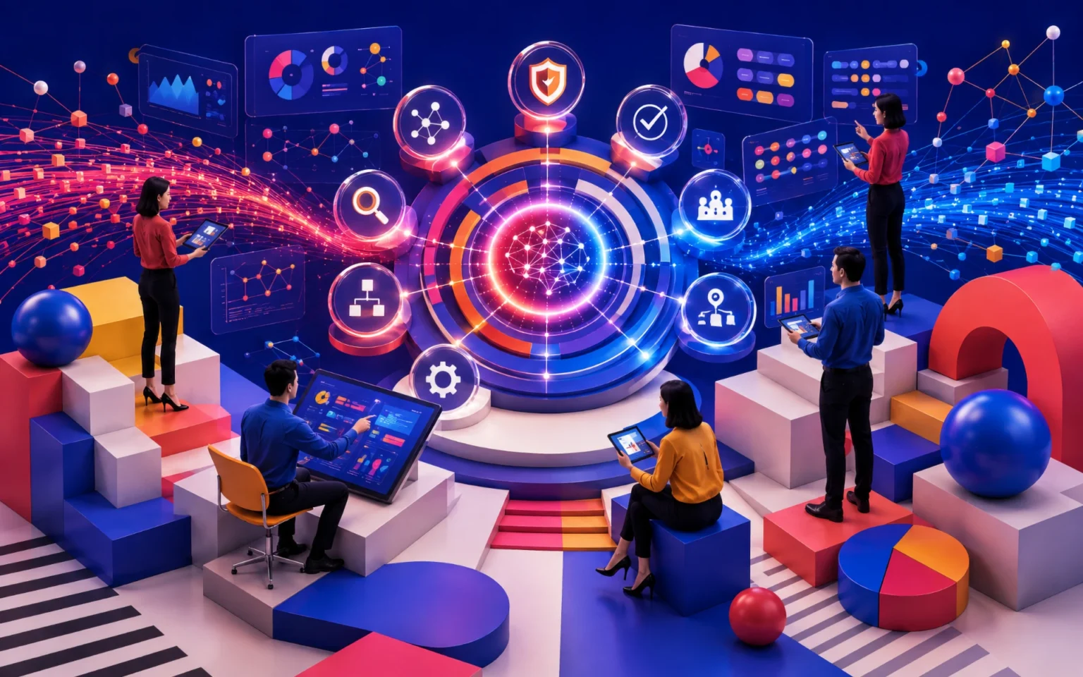 Team evaluating data, governance, security, processes, technology, and organizational capabilities around a central AI readiness assessment hub.