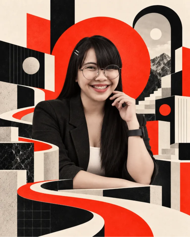 Editorial portrait of Athena, Ingenuity’s COO, framed by geometric architecture, pathways, and bold red, black, and cream forms.