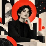Stylized portrait representing Ingenie, Ingenuity’s AI agent system, surrounded by geometric forms and connected-system motifs.