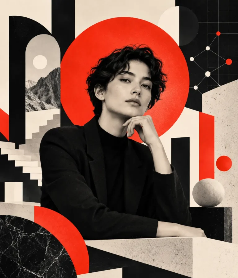 Stylized portrait representing Ingenie, Ingenuity’s AI agent system, surrounded by geometric forms and connected-system motifs.