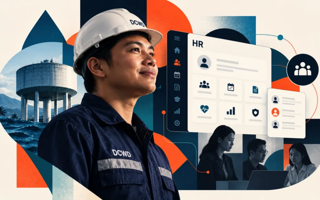 Editorial illustration of a Davao City Water District employee alongside connected HR system interfaces, water infrastructure, and staff collaboration.