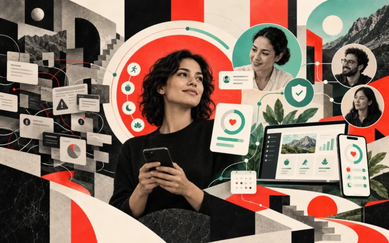 Editorial illustration of a digital health participant connected with coaches, product teams, and coordinated wellness interfaces representing a stabilized and evolving health platform.