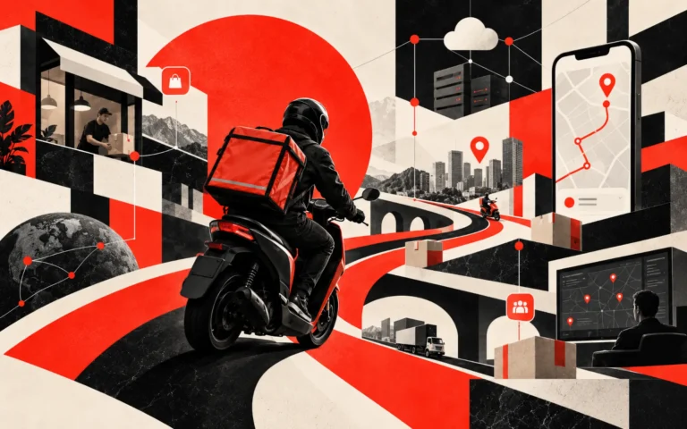 Editorial illustration of a delivery rider, mobile route tracking, merchant activity, and cloud-connected logistics systems representing the GoAmigo delivery platform.