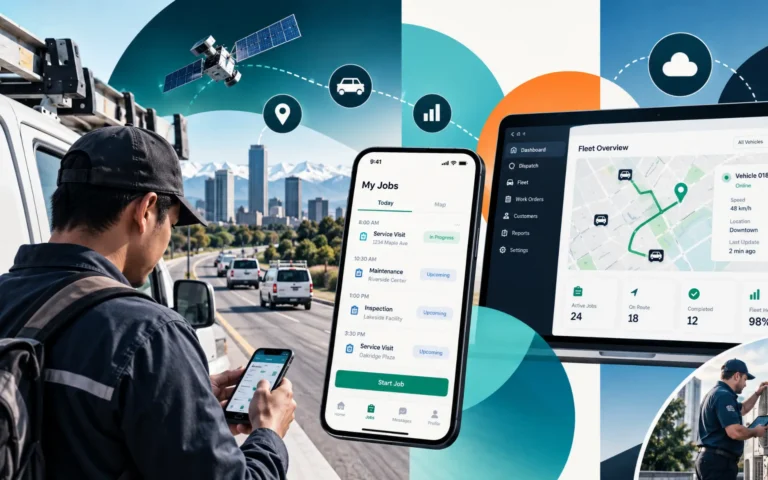 Editorial illustration of a field technician, service vehicles, mobile work orders, and fleet tracking connected through a telematics-enabled field-service platform.