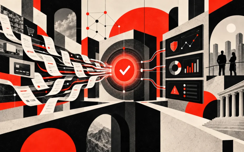 Editorial illustration of transaction records flowing through a connected compliance system with risk alerts, policy controls, and leadership dashboards.