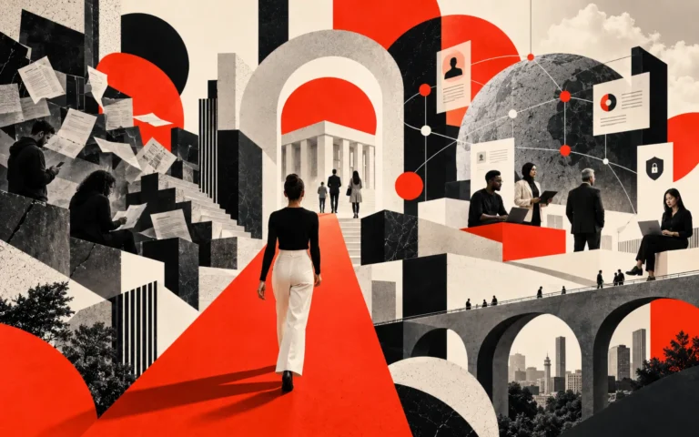 Editorial illustration of citizens, institutions, documents, and connected digital systems representing secure anti-corruption reporting and civic participation.