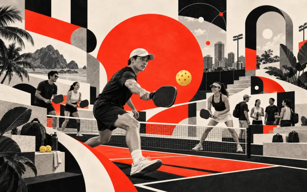 Editorial illustration of pickleball players on court surrounded by community, scheduling, booking, payment, and participation motifs.