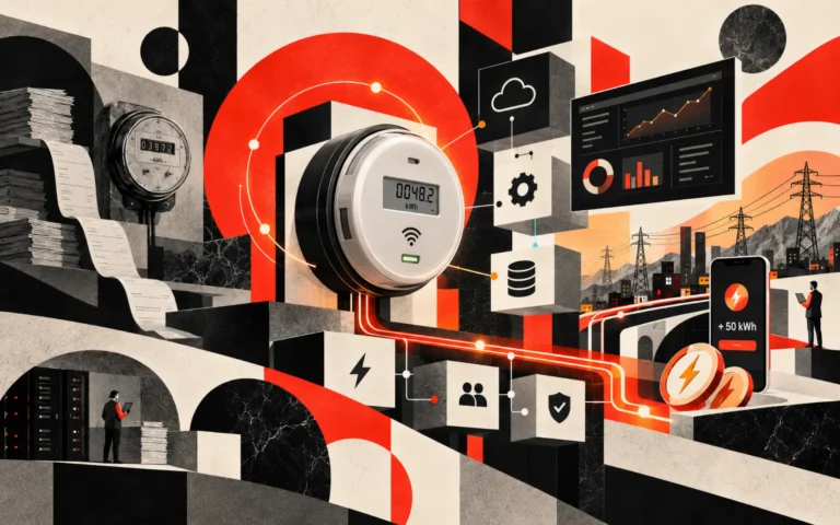 Editorial illustration of prepaid electricity meters, energy credits, utility infrastructure, and connected digital services linked through a modular integration platform.
