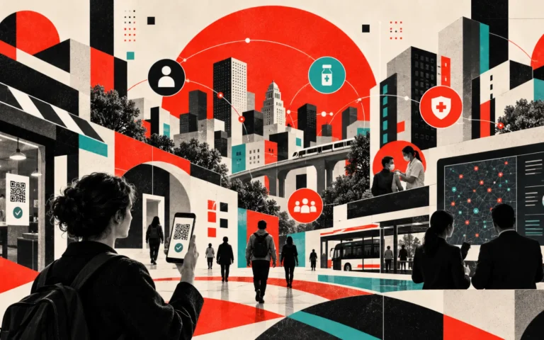 Editorial illustration of citizens using QR validation, public-health services, vaccination workflows, and city dashboards connected across Davao.