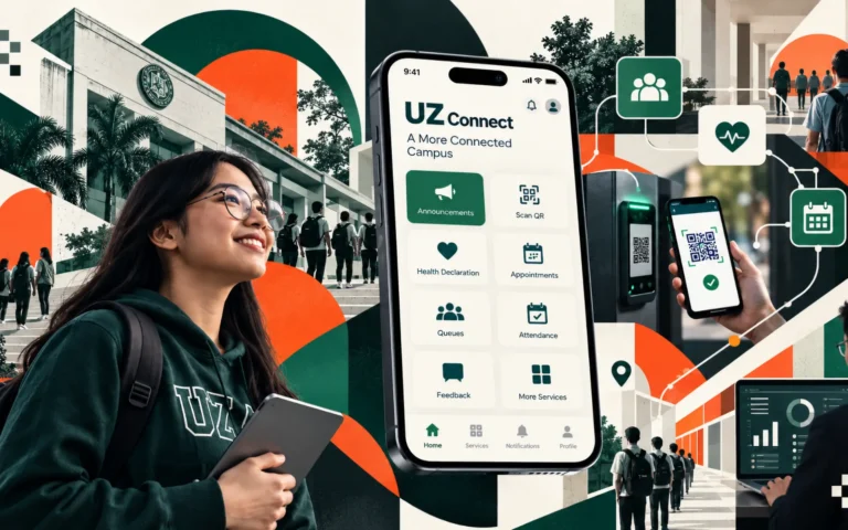 Editorial illustration of students, QR access, mobile campus services, and connected administrative workflows representing the University of Zamboanga Connect app.