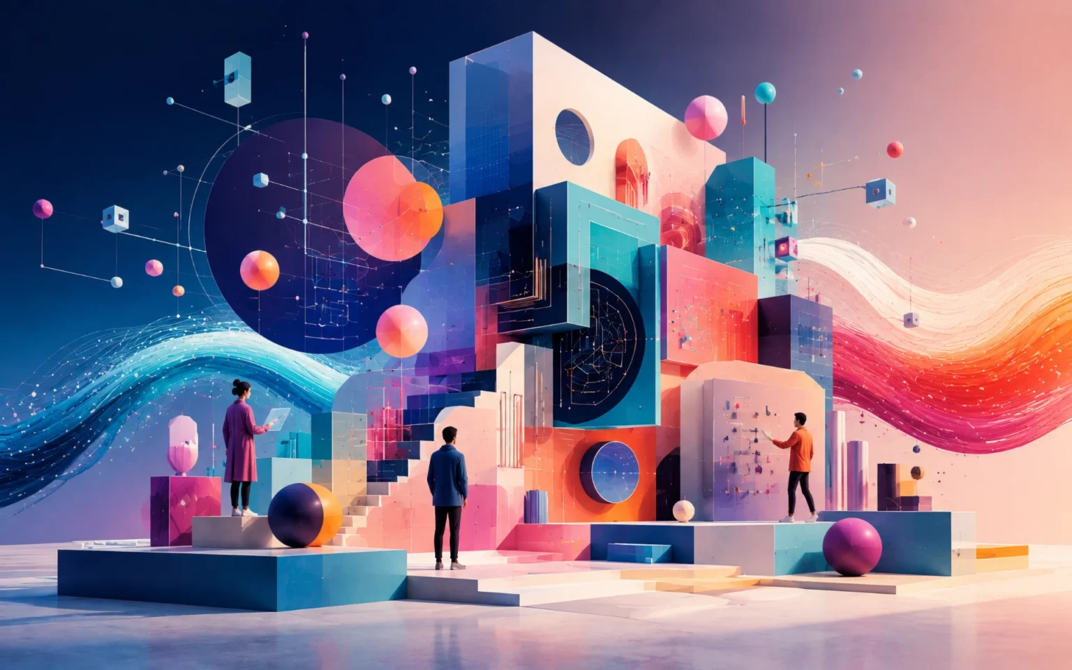Surreal conceptual illustration representing human creativity, software engineering, AI systems and interconnected enterprise intelligence.