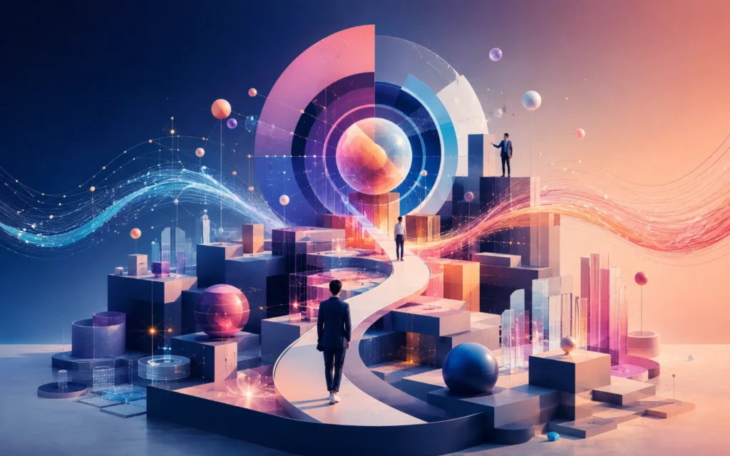 Abstract digital landscape showing connected enterprise systems, flowing data, strategic pathways, and professionals guiding organizational transformation.