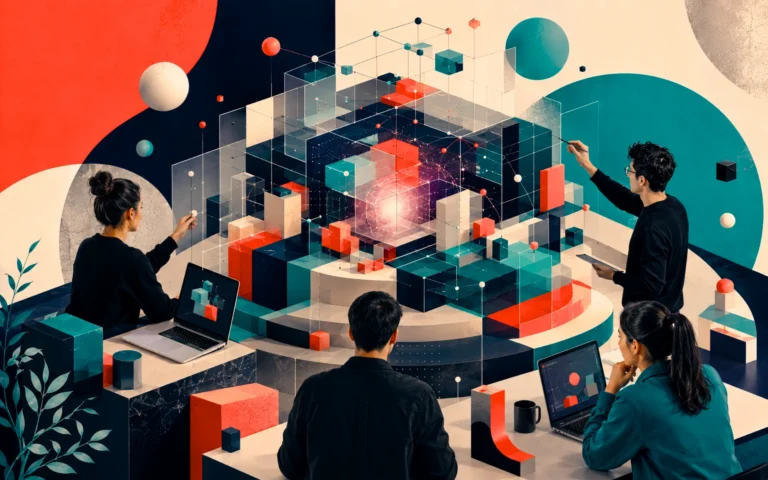 Team collaborating around a layered digital information model connecting data, systems, processes, and relationships in real time.
