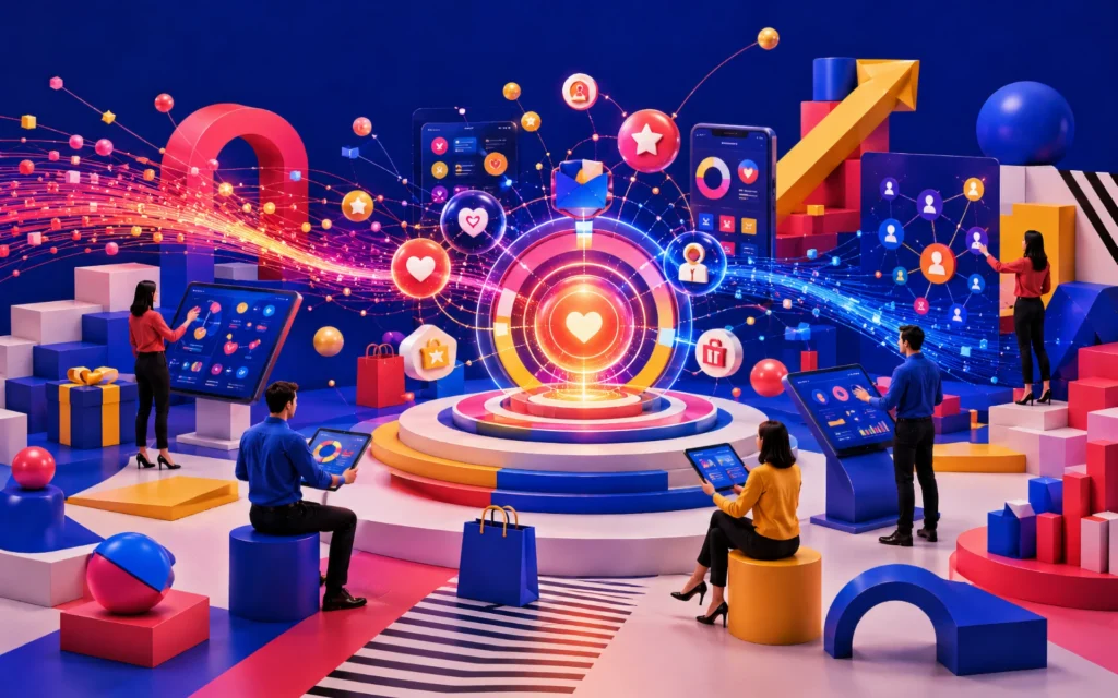 Customer loyalty platform visualized as a connected digital ecosystem of rewards, profiles, mobile experiences, analytics, and engagement signals.