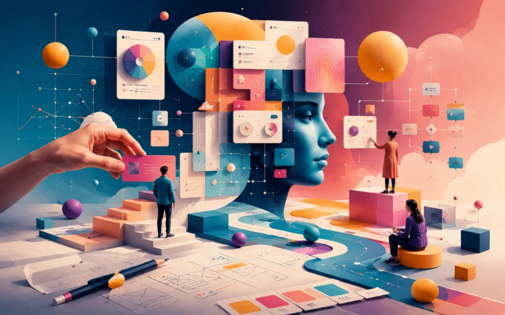 Surreal product design scene with interface components, user flows, prototypes, strategic pathways, and people shaping a human-centered digital experience.
