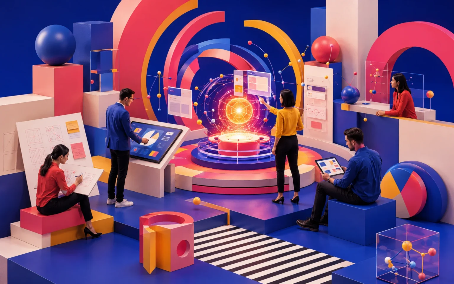 Product team evaluating prototypes, user flows, analytics, and interconnected ideas around a central concept model during a product validation sprint.