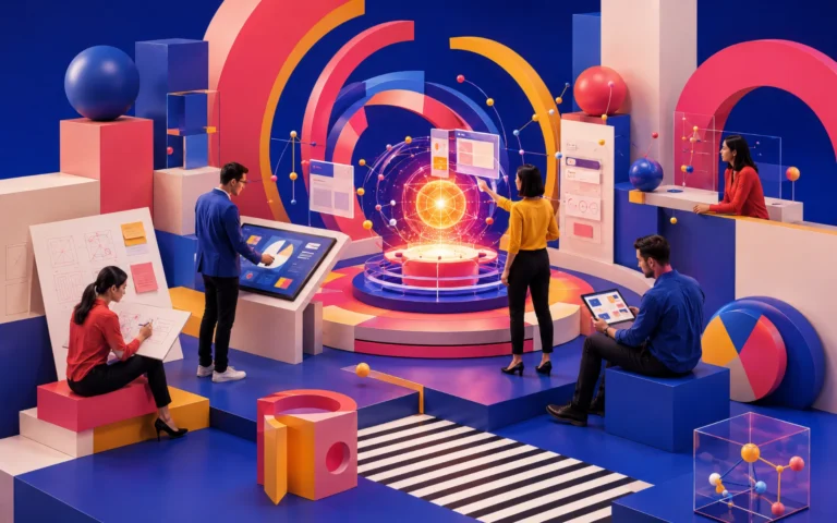 Product team evaluating prototypes, user flows, analytics, and interconnected ideas around a central concept model during a product validation sprint.