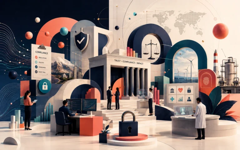 Conceptual digital landscape showing compliance, security, auditability, regulated infrastructure, and professionals working across finance, healthcare, and industry.