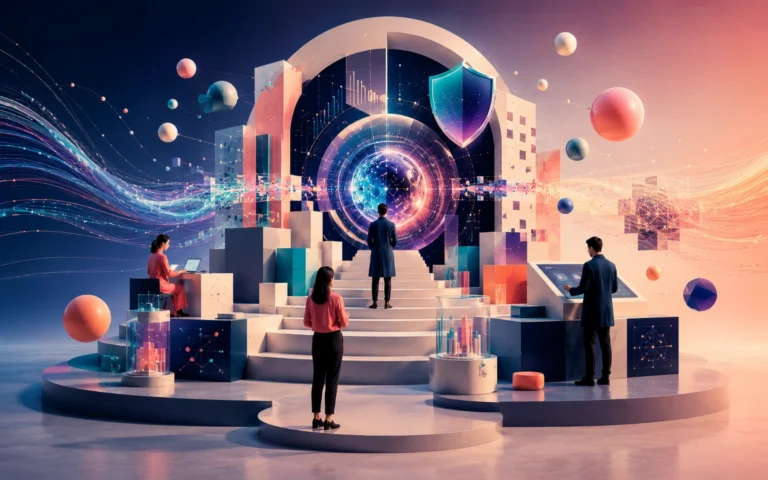 Team exploring a secure AI system represented by flowing data, digital architecture, analytics, and a protective shield.