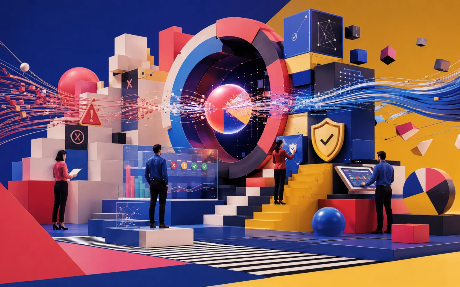 Software delivery team analyzing interconnected systems, warning indicators, dashboards, and risk controls around a complex digital delivery environment.