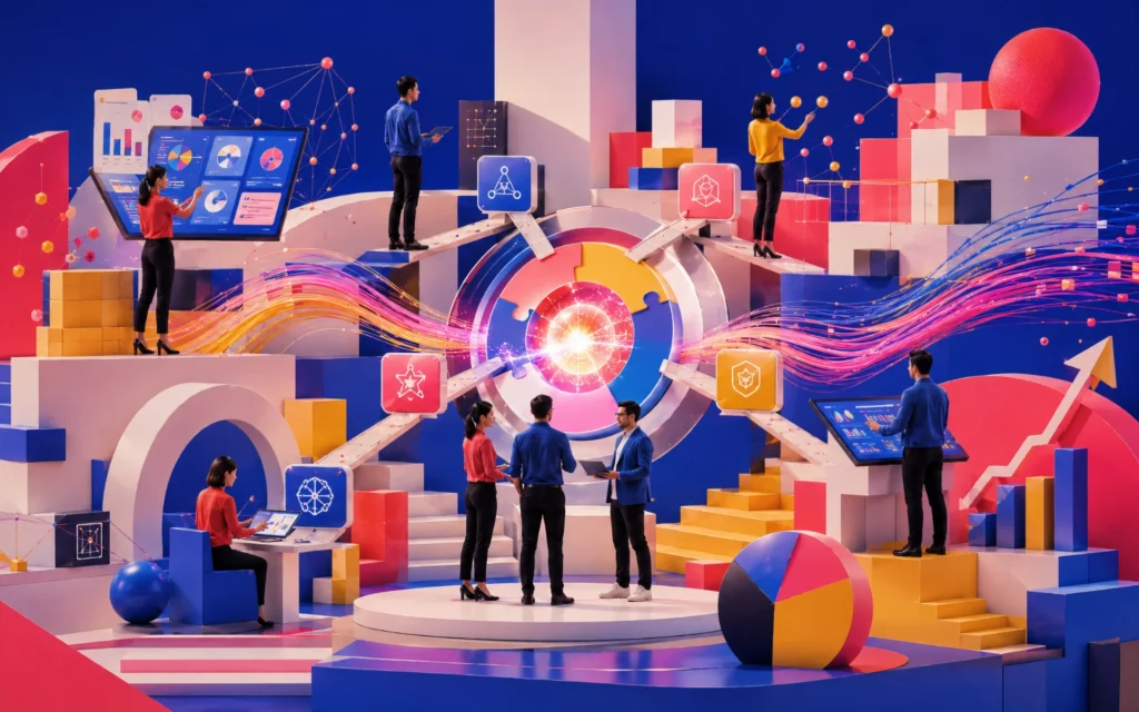 Integrated professionals collaborating across connected workspaces, dashboards, and a central delivery hub representing flexible team expansion and specialized expertise.