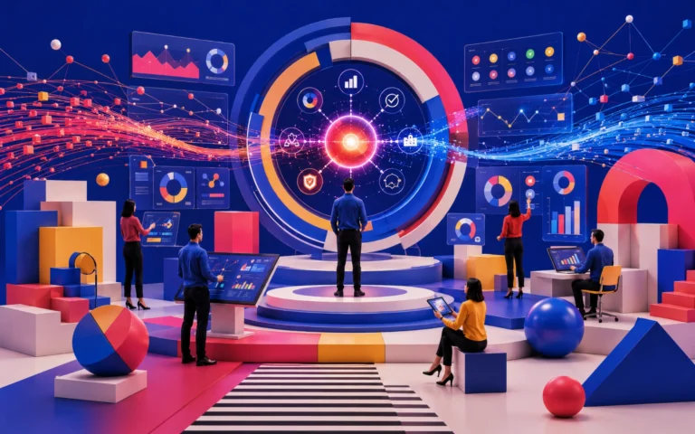 Operations team using interconnected dashboards and data visualizations around a central intelligence hub that unifies performance information across the organization.