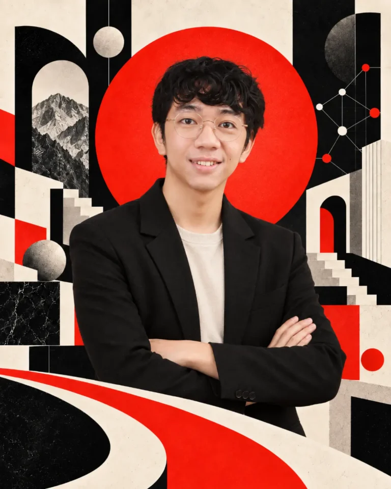 Editorial portrait of Bob, Ingenuity’s HR Manager, framed by geometric architecture, pathways, and bold red, black, and cream forms.