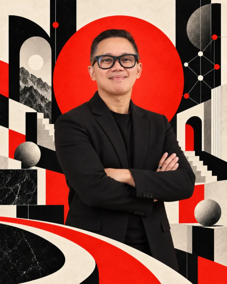 Editorial portrait of John, Ingenuity’s Founder, framed by geometric architecture, pathways, and bold red, black, and cream forms.