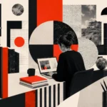 Author working at a desk with books, a laptop, creative materials, and abstract geometric elements representing research, reflection, and knowledge creation.