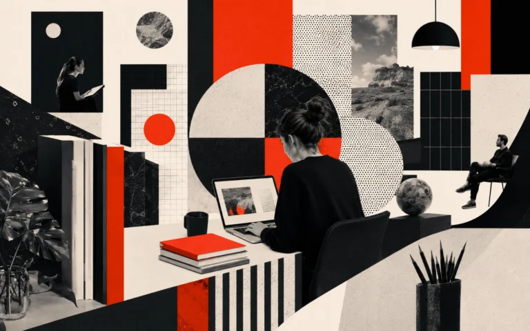 Author working at a desk with books, a laptop, creative materials, and abstract geometric elements representing research, reflection, and knowledge creation.
