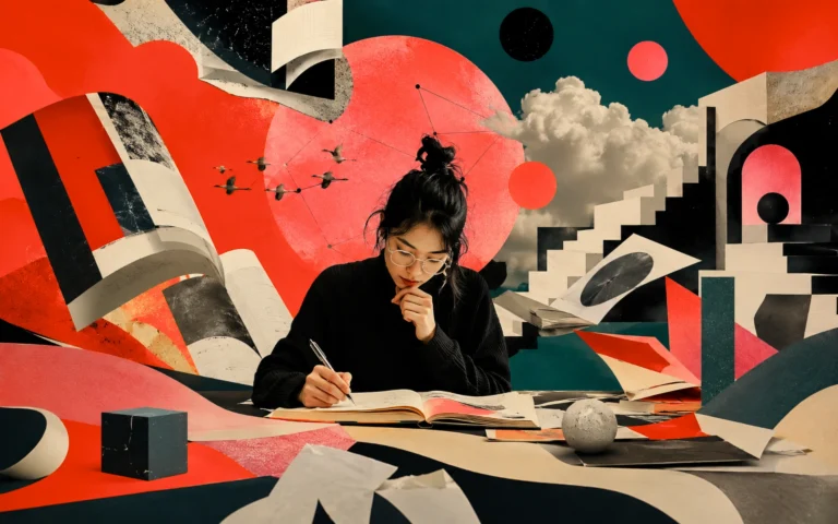 Writer working at a desk surrounded by open books, abstract geometric forms, clouds, and connected visual elements representing research, writing, and idea development.