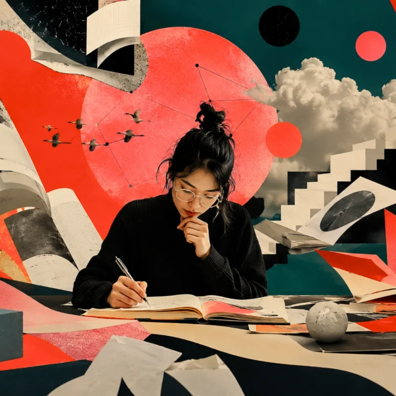 Writer working at a desk surrounded by open books, abstract geometric forms, clouds, and connected visual elements representing research, writing, and idea development.