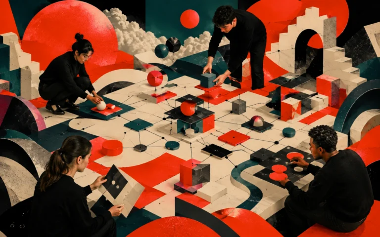 Team assembling interconnected geometric blocks, pathways, and nodes to represent the creation of structured frameworks for understanding complex systems.
