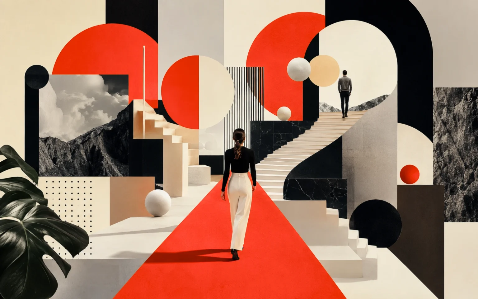 People moving through a structured path of stairs, arches, and geometric forms, representing guided learning, practical direction, and step-by-step progress.